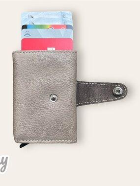 Gray Leather Card Wallet with Red Card Accent